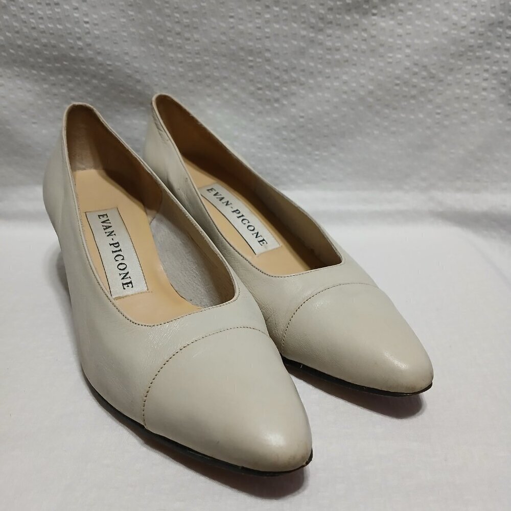 EVAN PICONE RAFFI CREAM NAPPA LEATHER SLIP ON PUMPS BLOCK HEEL SIZE 7.5